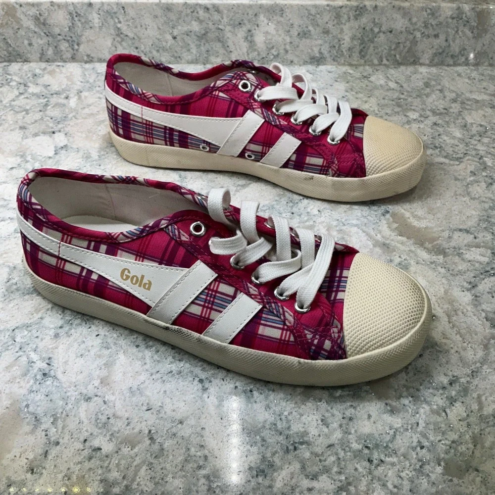 Gola Sneakers Coaster Print Talbots 7 Pink Plaid Low Top Lace Up CLB730